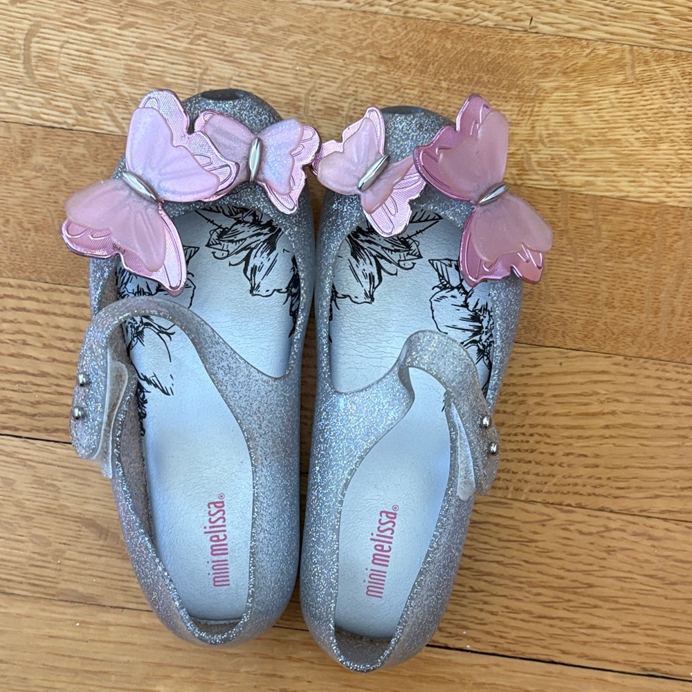 Mini Melissa Glitter Silver Mary Janes with Pink Butterfly Accents